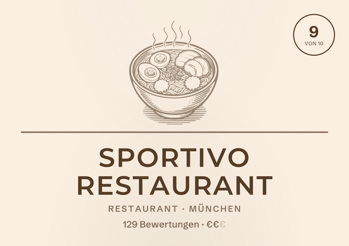 Illustriertes Poster von Sportivo Restaurant, Restaurant in München: Bewertung 9,0 von 10 aus 129 Bewertungen, Preisniveau €€