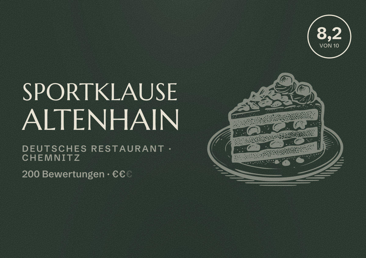 Illustriertes Poster von Sportklause Altenhain, Deutsches Restaurant in Chemnitz: Bewertung 8,2 von 10 aus 200 Bewertungen, Preisniveau €€