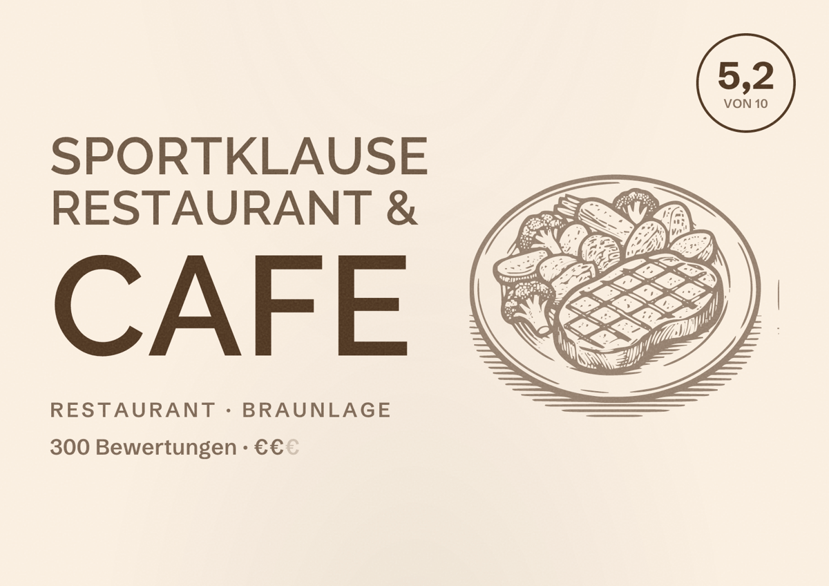 Illustriertes Poster von Sportklause Restaurant & Cafe, Restaurant in Braunlage: Bewertung 5,2 von 10 aus 300 Bewertungen, Preisniveau €€