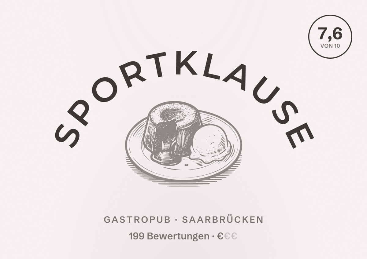 Illustriertes Poster von Sportklause, Gastropub in Saarbrücken: Bewertung 7,6 von 10 aus 199 Bewertungen, Preisniveau €