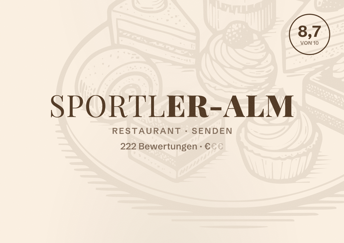 Illustriertes Poster von Sportler-Alm, Restaurant in Senden: Bewertung 8,7 von 10 aus 222 Bewertungen, Preisniveau €