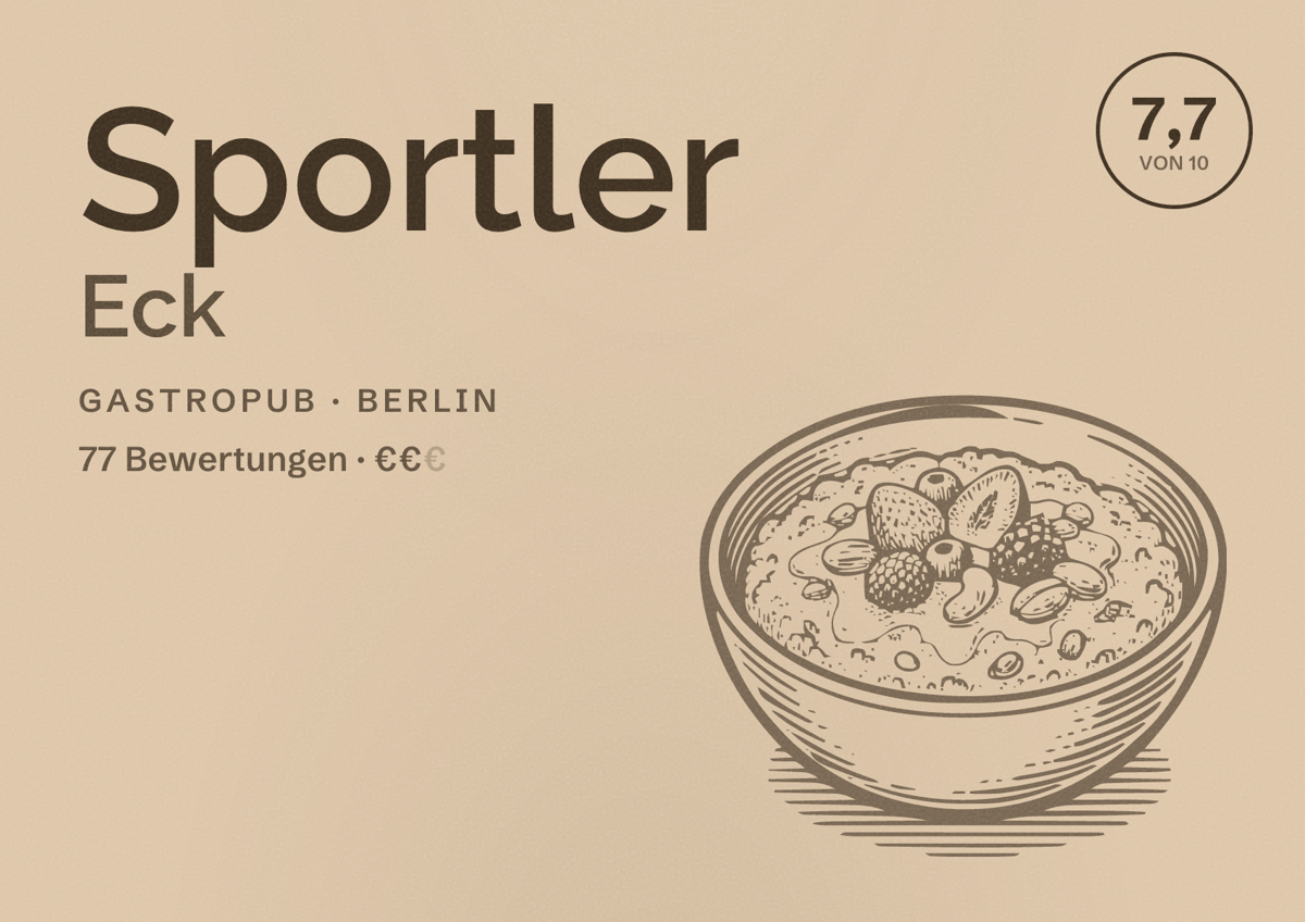 Illustriertes Poster von Sportler Eck, Gastropub in Berlin: Bewertung 7,7 von 10 aus 77 Bewertungen, Preisniveau €€