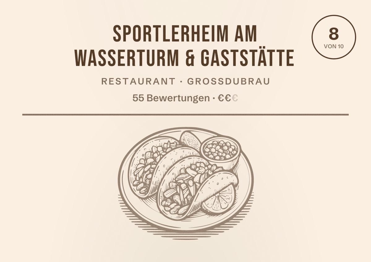 Illustriertes Poster von Sportlerheim Am Wasserturm & Gaststätte, Restaurant in Großdubrau: Bewertung 8 von 10 aus 55 Bewertungen, Preisniveau €€