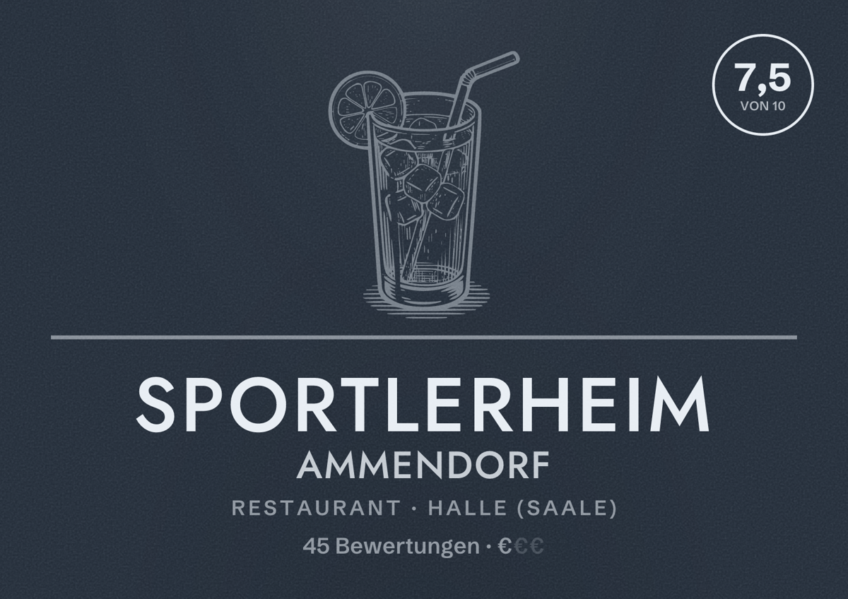 Illustriertes Poster von Sportlerheim Ammendorf, Restaurant in Halle (Saale): Bewertung 7,5 von 10 aus 45 Bewertungen, Preisniveau €