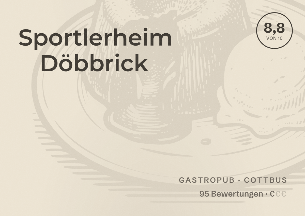 Illustriertes Poster von Sportlerheim Döbbrick, Gastropub in Cottbus: Bewertung 8,8 von 10 aus 95 Bewertungen, Preisniveau €