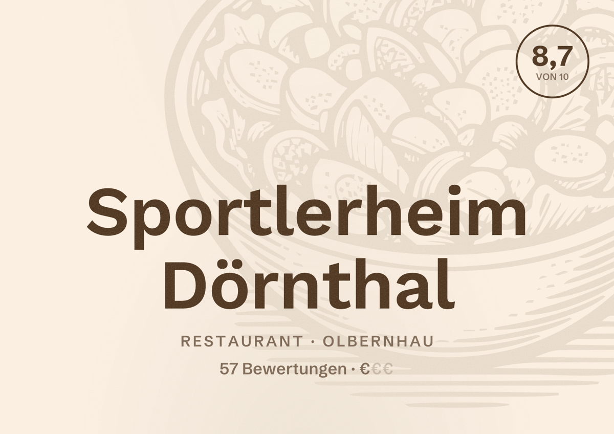 Illustriertes Poster von Sportlerheim Dörnthal, Restaurant in Olbernhau: Bewertung 8,7 von 10 aus 57 Bewertungen, Preisniveau €