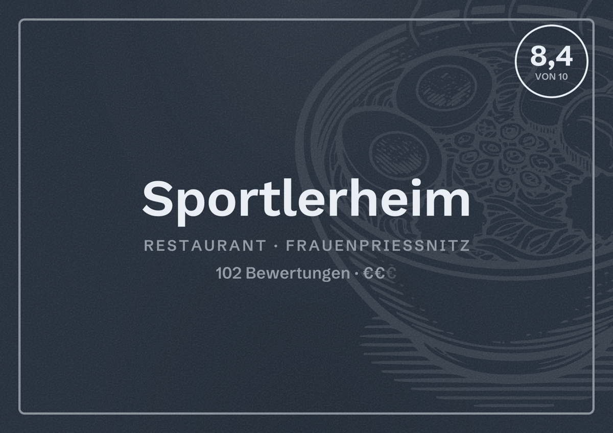 Illustriertes Poster von Sportlerheim, Restaurant in Frauenprießnitz: Bewertung 8,4 von 10 aus 102 Bewertungen, Preisniveau €€