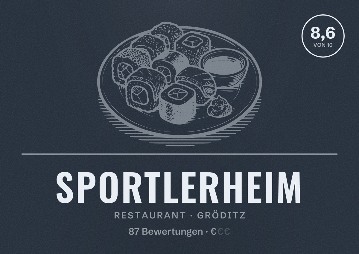Illustriertes Poster von Sportlerheim, Restaurant in Gröditz: Bewertung 8,6 von 10 aus 87 Bewertungen, Preisniveau €