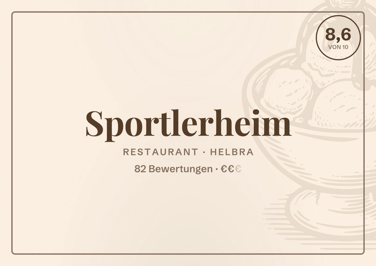 Illustriertes Poster von Sportlerheim, Restaurant in Helbra: Bewertung 8,6 von 10 aus 82 Bewertungen, Preisniveau €€