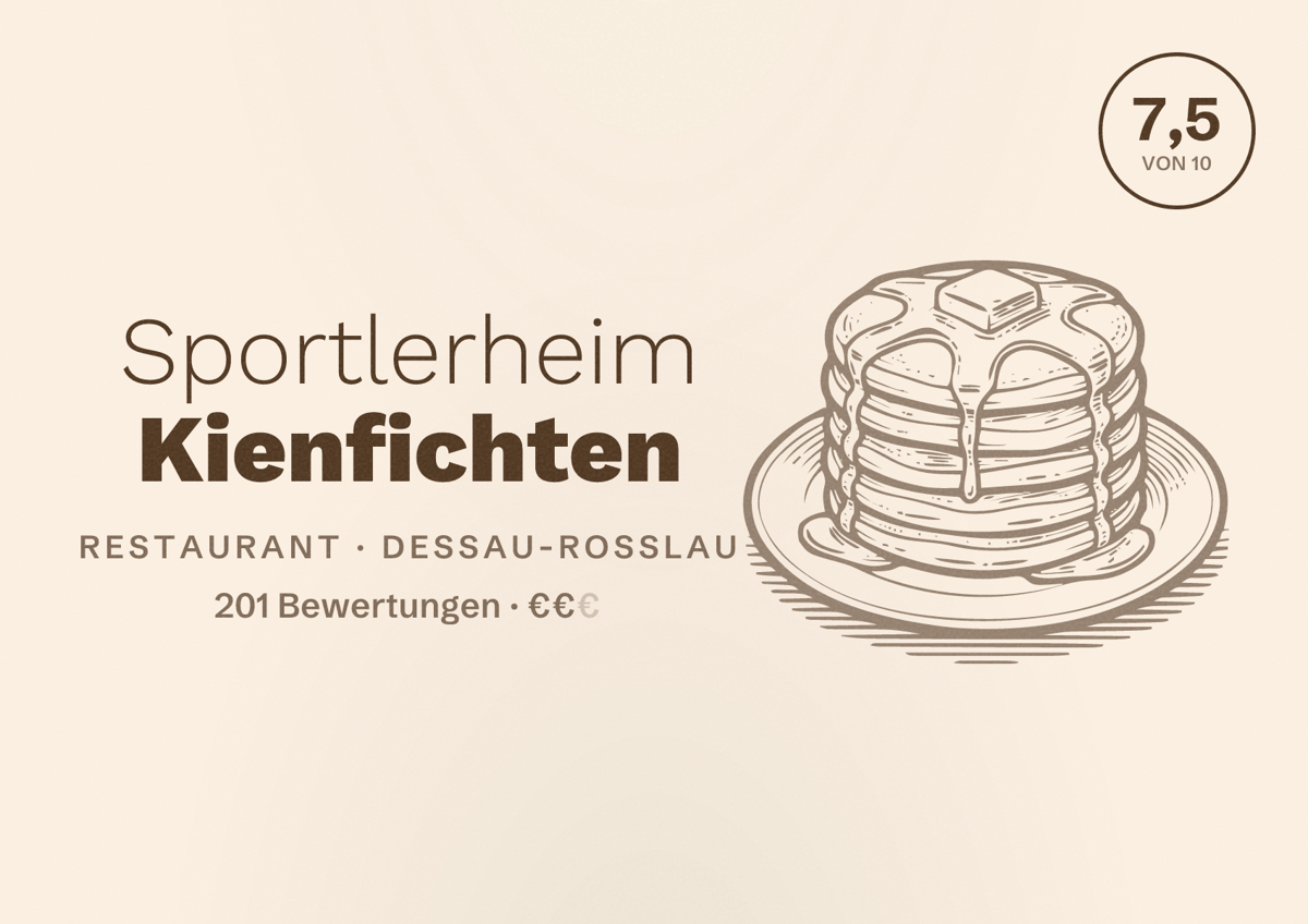 Illustriertes Poster von Sportlerheim Kienfichten, Restaurant in Dessau-Roßlau: Bewertung 7,5 von 10 aus 201 Bewertungen, Preisniveau €€