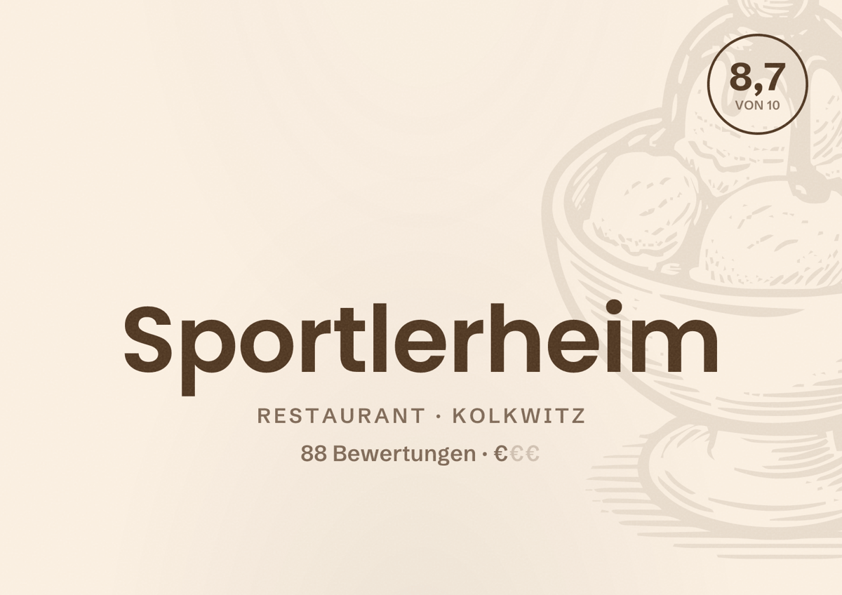 Illustriertes Poster von Sportlerheim, Restaurant in Kolkwitz: Bewertung 8,7 von 10 aus 88 Bewertungen, Preisniveau €