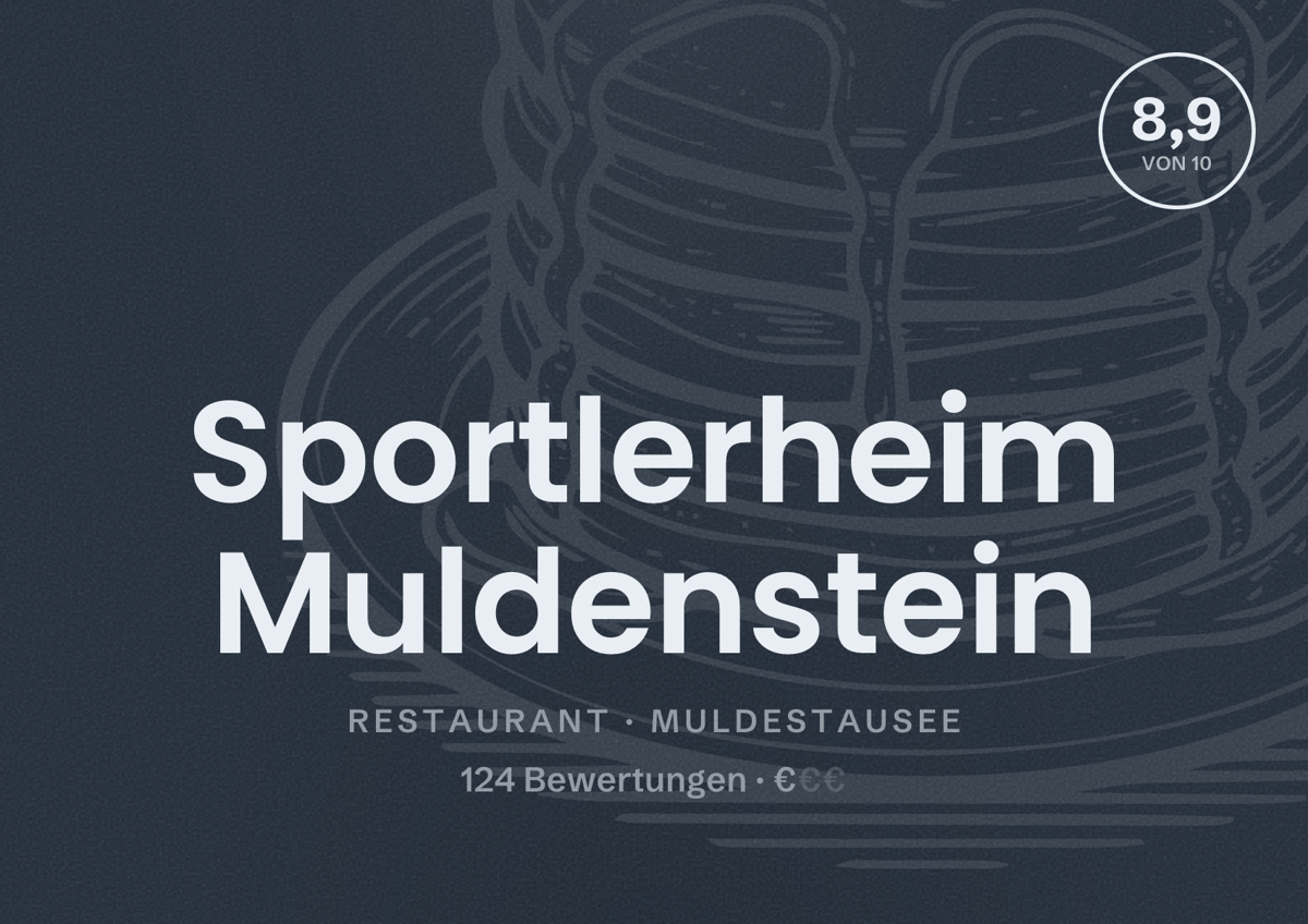 Illustriertes Poster von Sportlerheim Muldenstein, Restaurant in Muldestausee: Bewertung 8,9 von 10 aus 124 Bewertungen, Preisniveau €