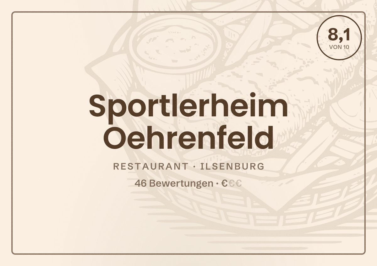Illustriertes Poster von Sportlerheim Oehrenfeld, Restaurant in Ilsenburg: Bewertung 8,1 von 10 aus 46 Bewertungen, Preisniveau €