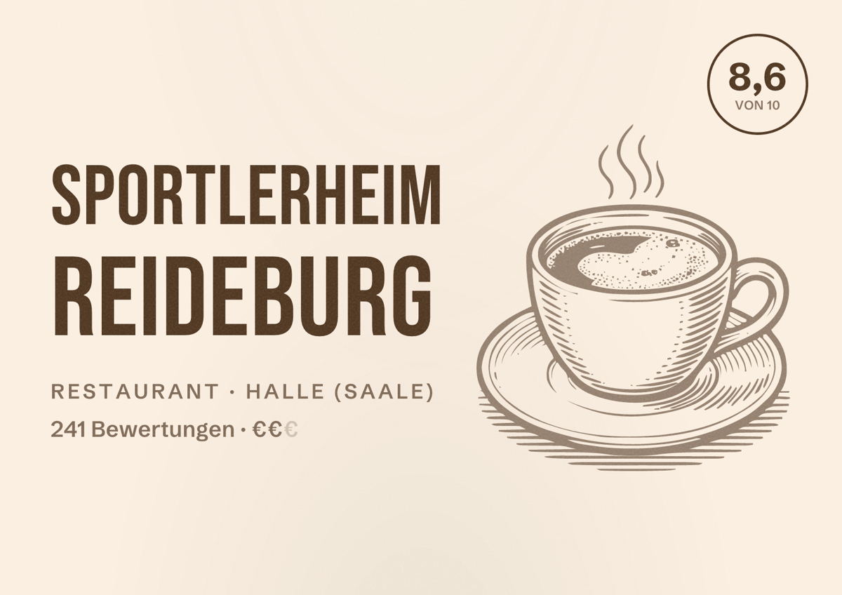 Illustriertes Poster von Sportlerheim Reideburg, Restaurant in Halle (Saale): Bewertung 8,6 von 10 aus 241 Bewertungen, Preisniveau €€