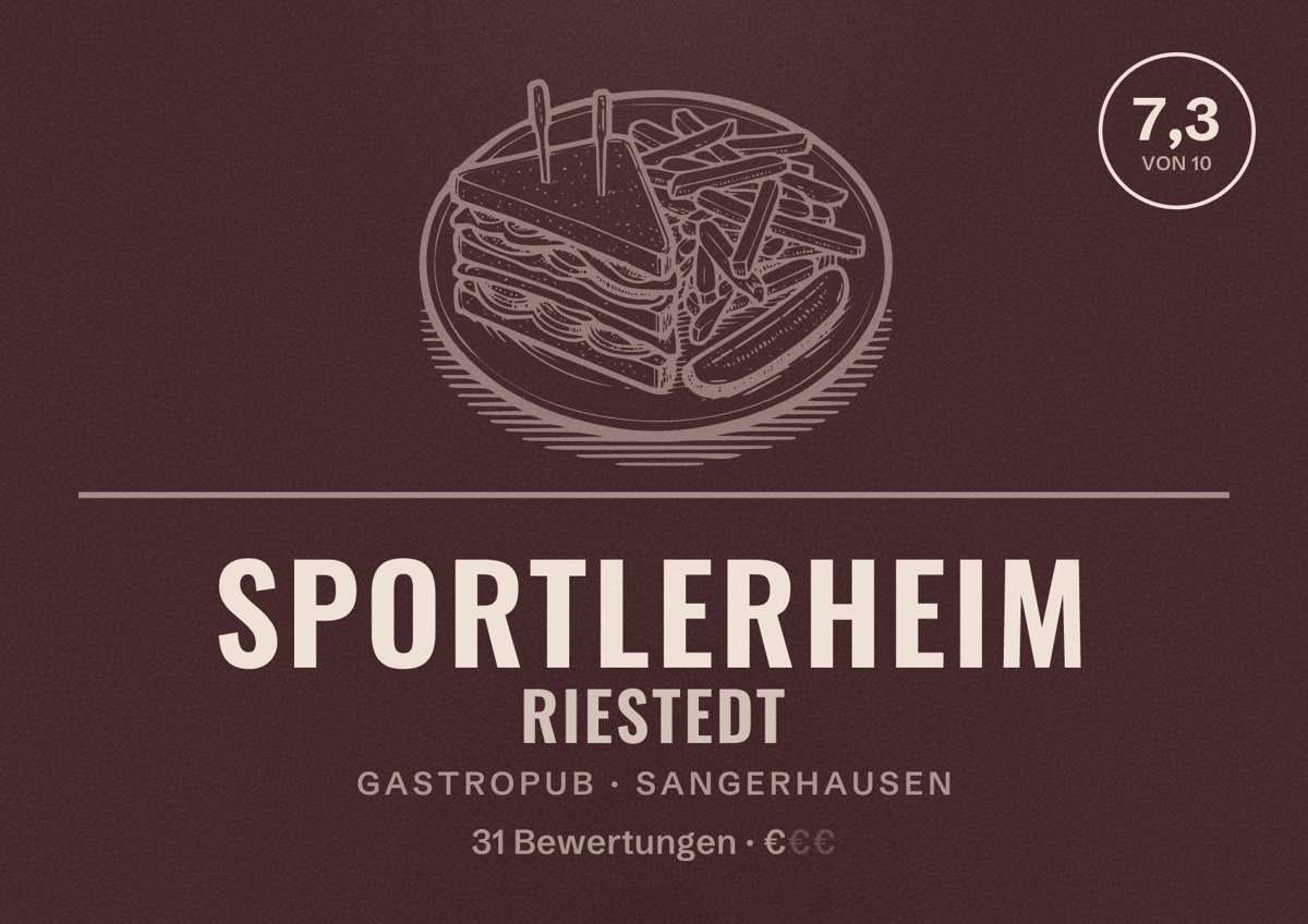 Illustriertes Poster von Sportlerheim Riestedt, Gastropub in Sangerhausen: Bewertung 7,3 von 10 aus 31 Bewertungen, Preisniveau €