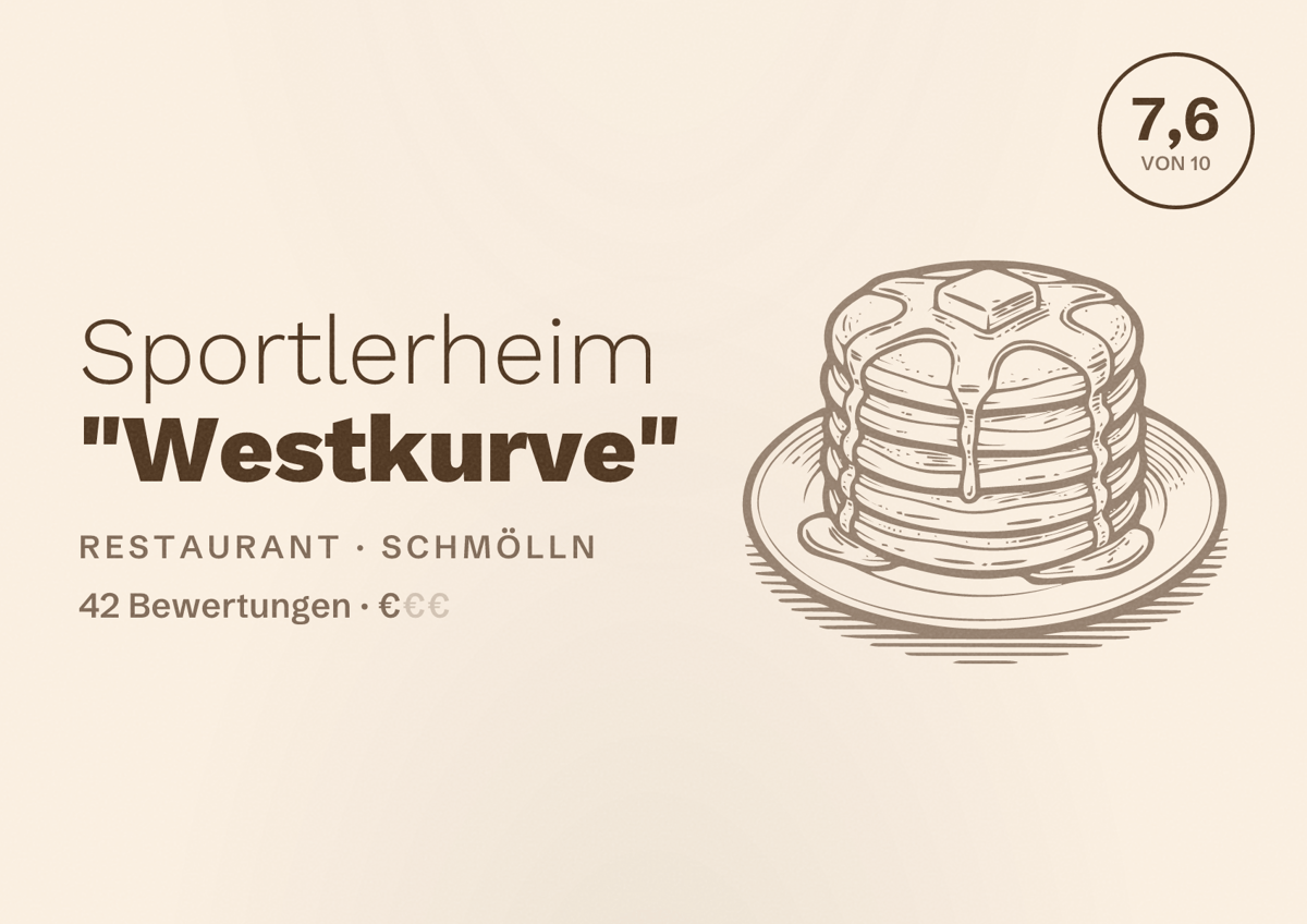 Illustriertes Poster von Sportlerheim "Westkurve", Restaurant in Schmölln: Bewertung 7,6 von 10 aus 42 Bewertungen, Preisniveau €
