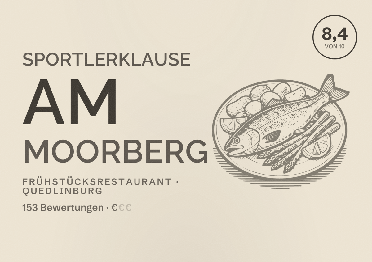 Illustriertes Poster von Sportlerklause am Moorberg, Frühstücksrestaurant in Quedlinburg: Bewertung 8,4 von 10 aus 153 Bewertungen, Preisniveau €
