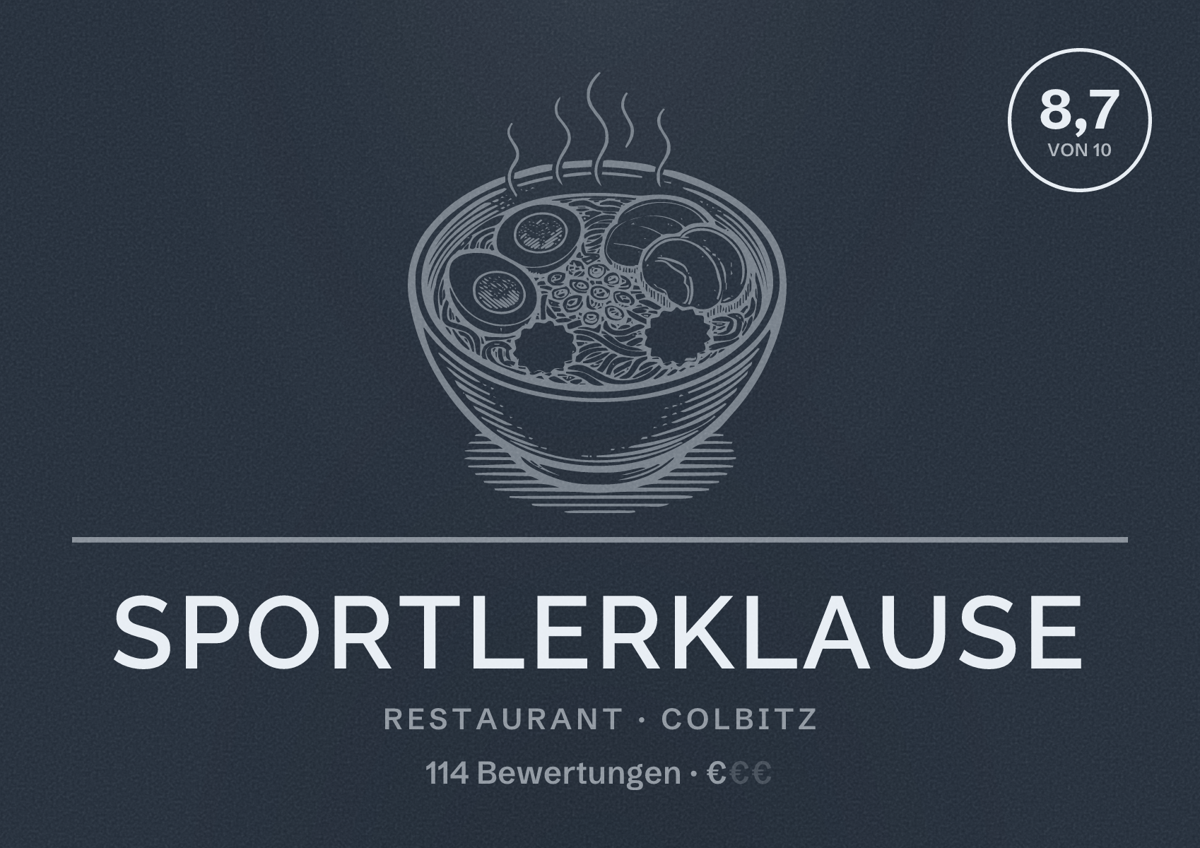 Illustriertes Poster von Sportlerklause, Restaurant in Colbitz: Bewertung 8,7 von 10 aus 114 Bewertungen, Preisniveau €