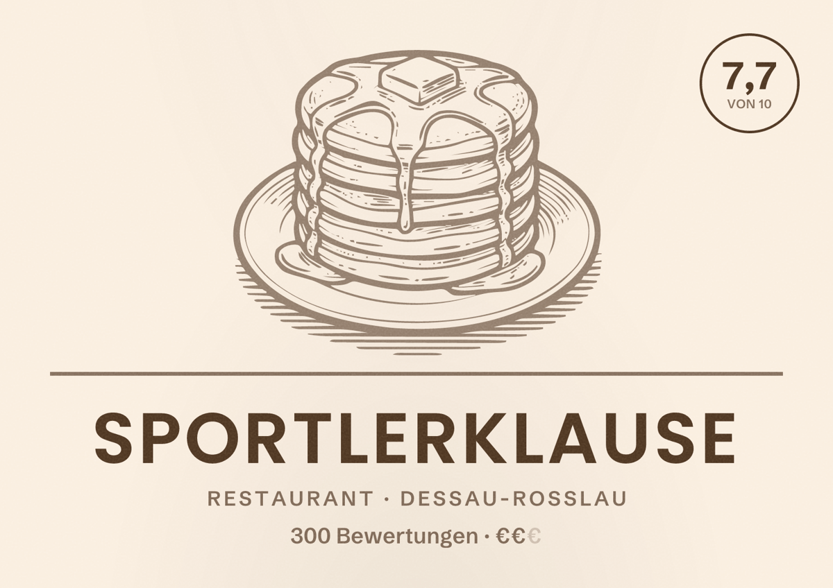 Illustriertes Poster von Sportlerklause, Restaurant in Dessau-Roßlau: Bewertung 7,7 von 10 aus 300 Bewertungen, Preisniveau €€