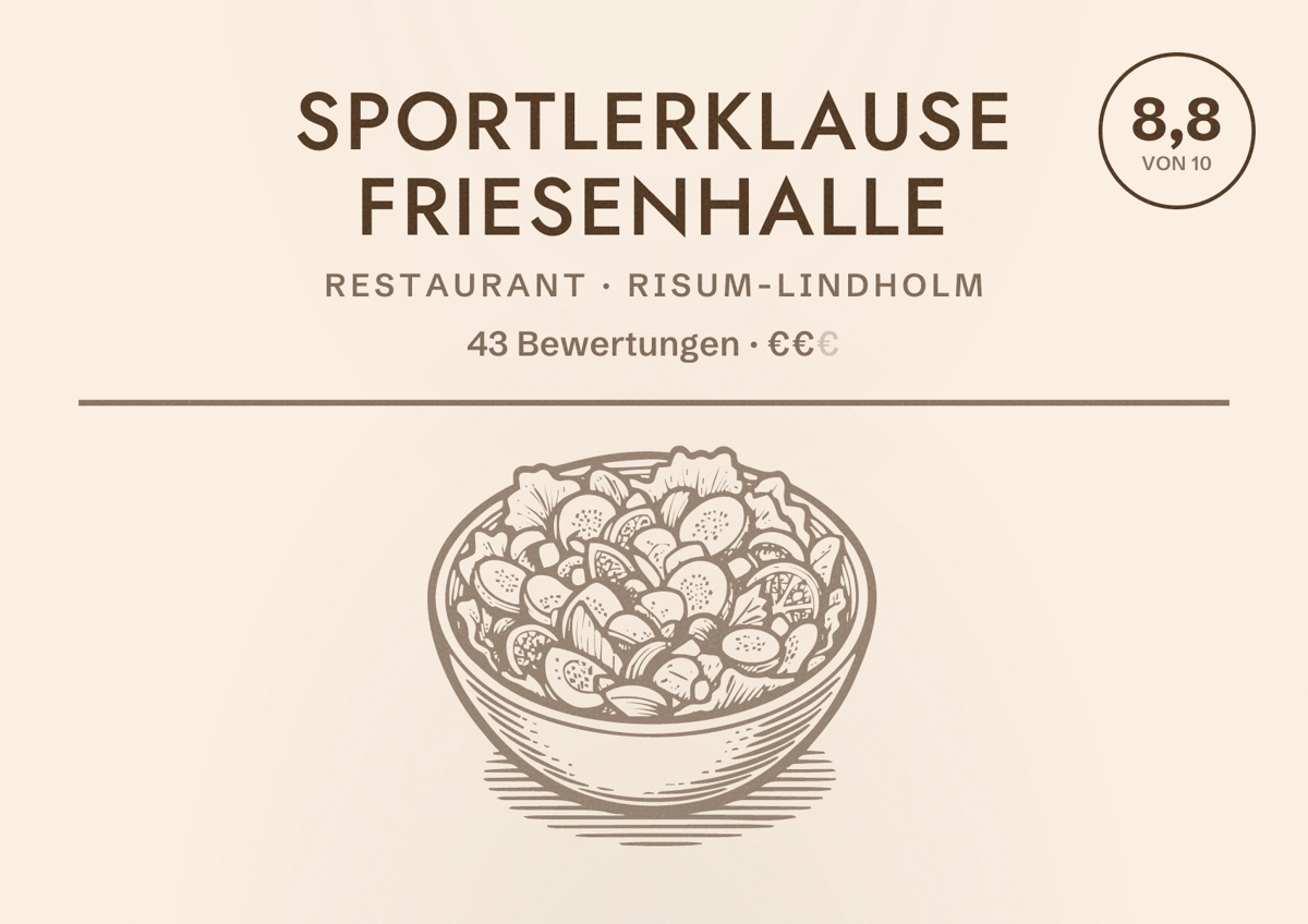 Illustriertes Poster von Sportlerklause Friesenhalle, Restaurant in Risum-Lindholm: Bewertung 8,8 von 10 aus 43 Bewertungen, Preisniveau €€
