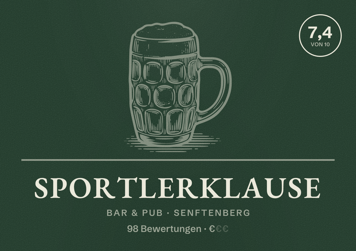 Illustriertes Poster von Sportlerklause, Bar & Pub in Senftenberg: Bewertung 7,4 von 10 aus 98 Bewertungen, Preisniveau €