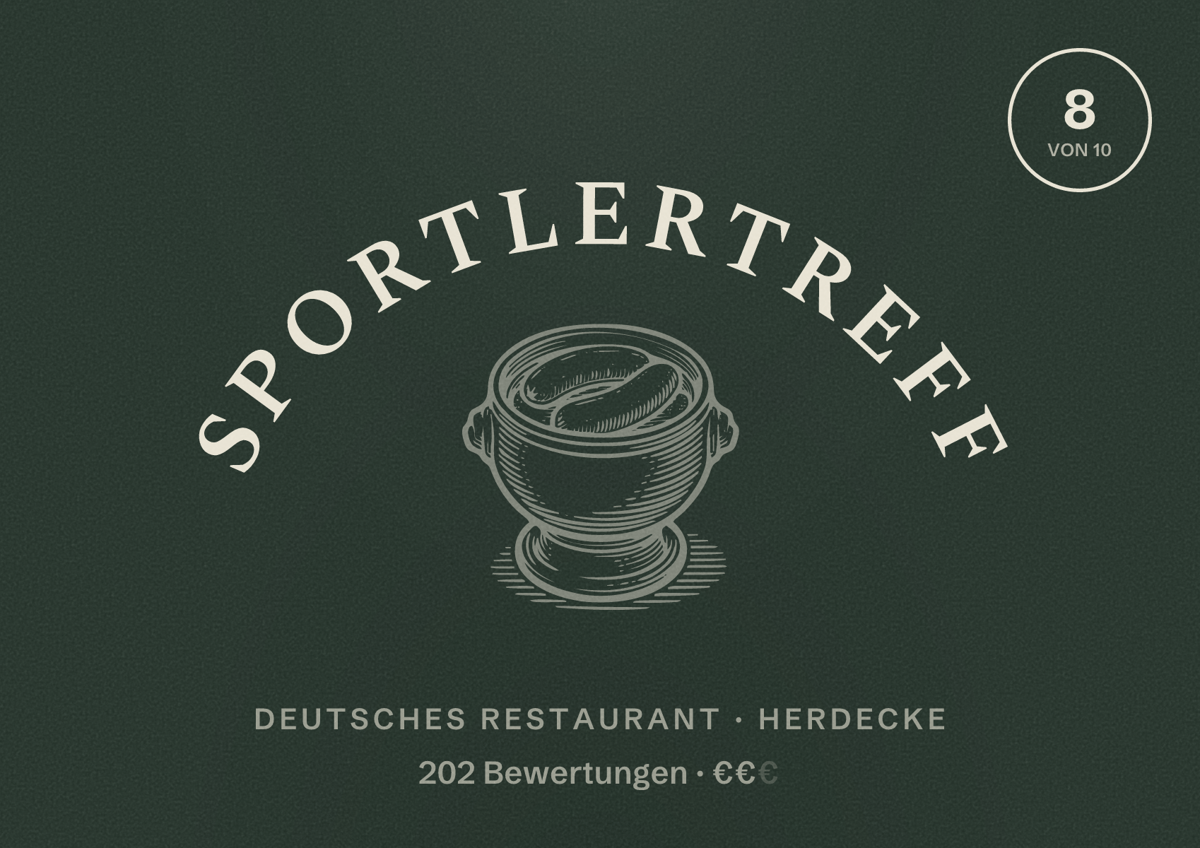 Illustriertes Poster von Sportlertreff, Deutsches Restaurant in Herdecke: Bewertung 8 von 10 aus 202 Bewertungen, Preisniveau €€