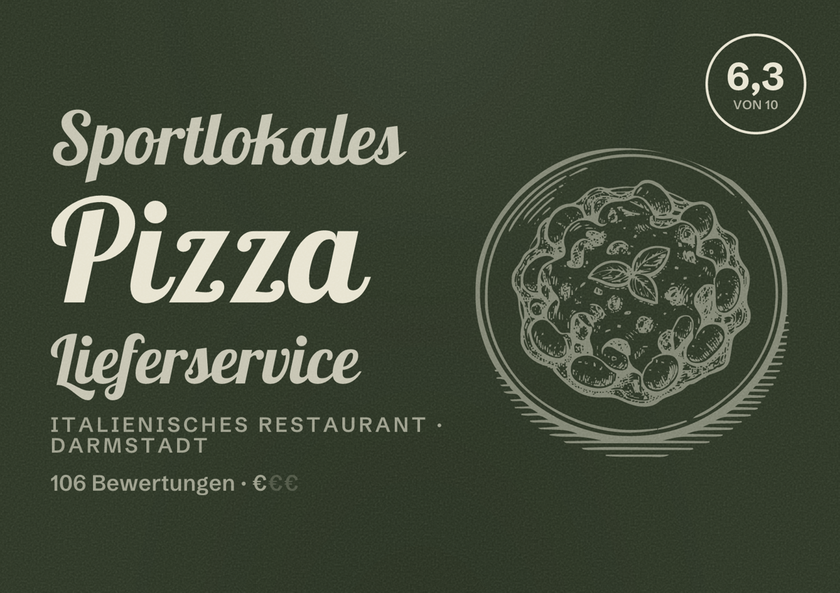 Illustriertes Poster von Sportlokales Pizza Lieferservice, Italienisches Restaurant in Darmstadt: Bewertung 6,3 von 10 aus 106 Bewertungen, Preisniveau €