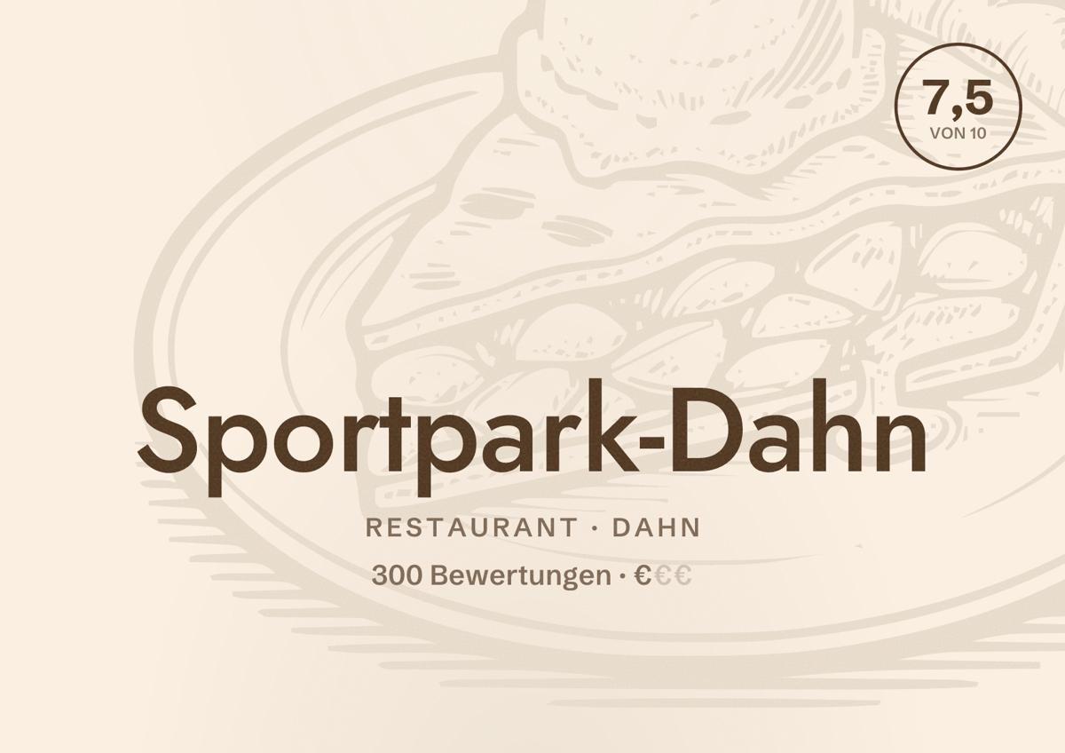 Illustriertes Poster von Sportpark-Dahn, Restaurant in Dahn: Bewertung 7,5 von 10 aus 300 Bewertungen, Preisniveau €