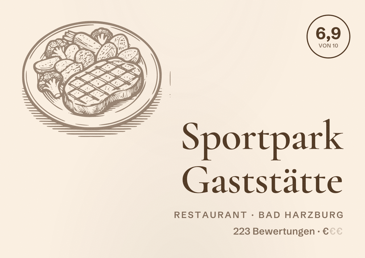 Illustriertes Poster von Sportpark Gaststätte, Restaurant in Bad Harzburg: Bewertung 6,9 von 10 aus 223 Bewertungen, Preisniveau €