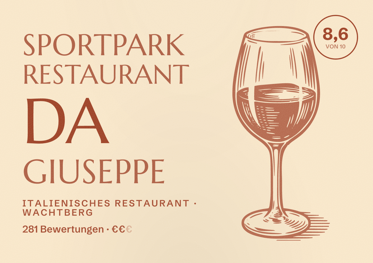 Illustriertes Poster von Sportpark Restaurant da Giuseppe, Italienisches Restaurant in Wachtberg: Bewertung 8,6 von 10 aus 281 Bewertungen, Preisniveau €€