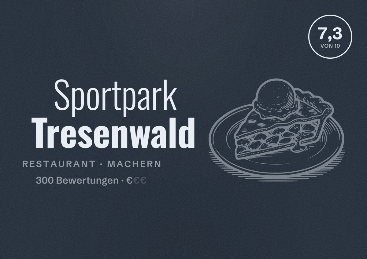 Illustriertes Poster von Sportpark Tresenwald, Restaurant in Machern: Bewertung 7,3 von 10 aus 300 Bewertungen, Preisniveau €