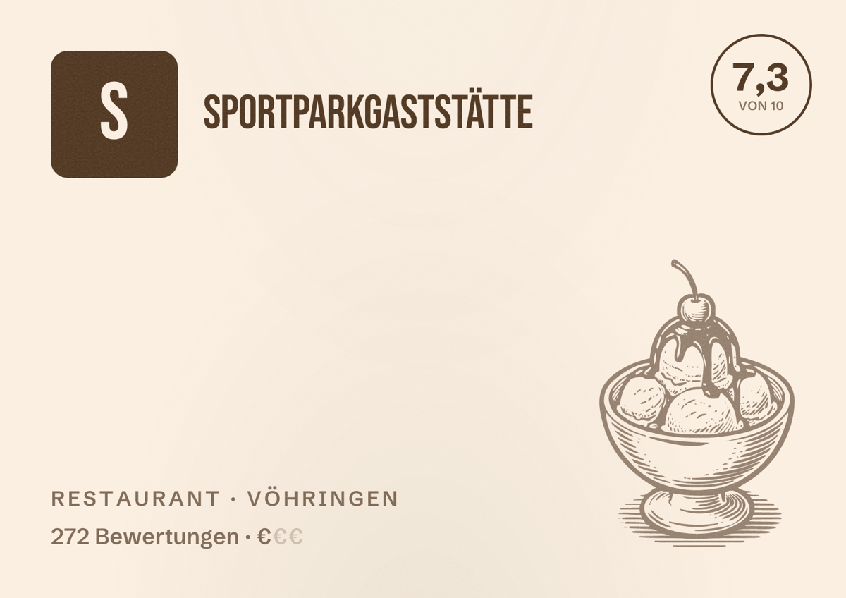 Illustriertes Poster von Sportparkgaststätte, Restaurant in Vöhringen: Bewertung 7,3 von 10 aus 272 Bewertungen, Preisniveau €