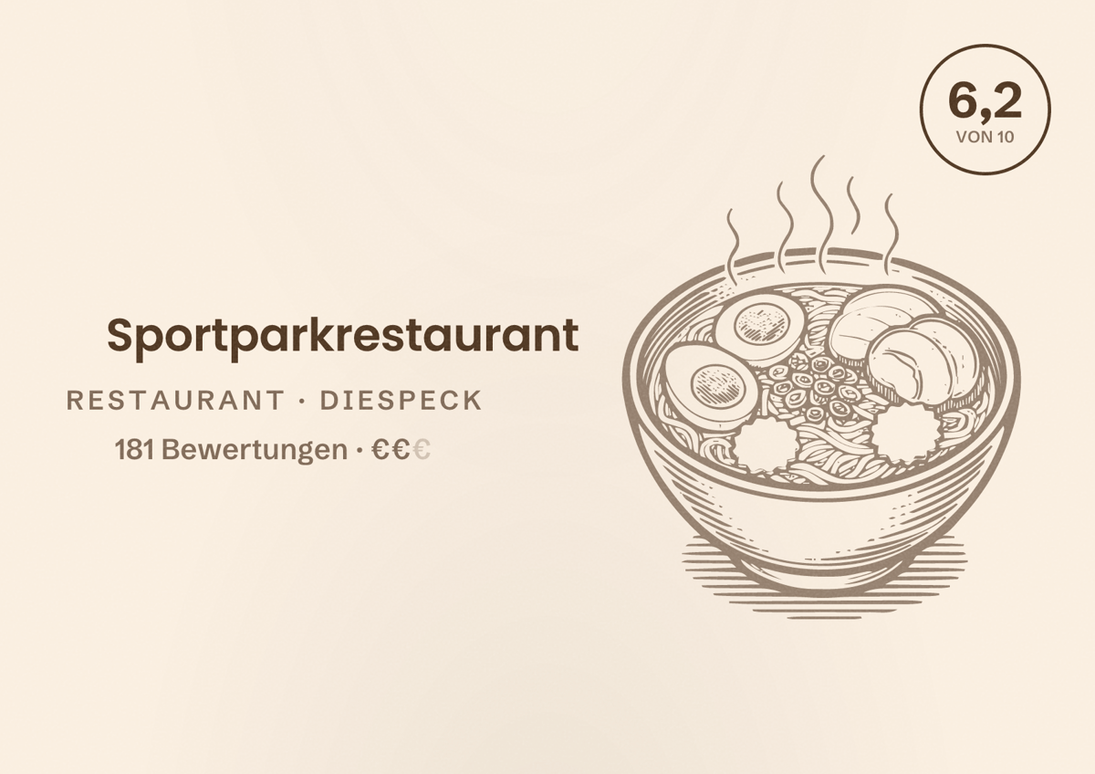 Illustriertes Poster von Sportparkrestaurant, Restaurant in Diespeck: Bewertung 6,2 von 10 aus 181 Bewertungen, Preisniveau €€