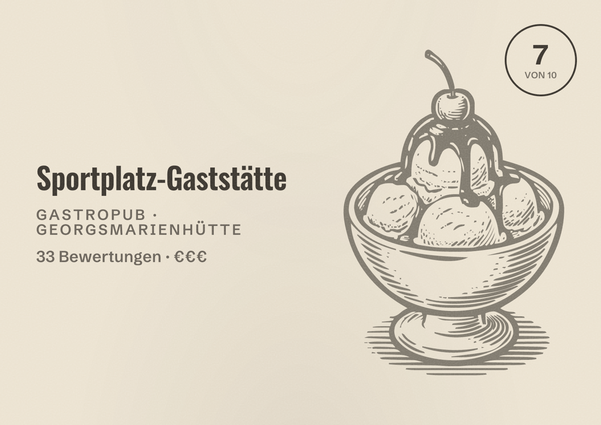 Illustriertes Poster von Sportplatz-Gaststätte, Gastropub in Georgsmarienhütte: Bewertung 7 von 10 aus 33 Bewertungen, Preisniveau €€€