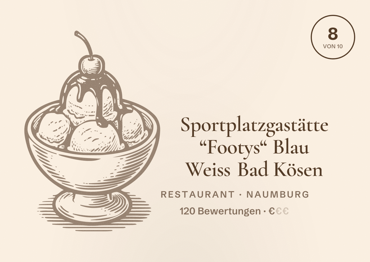 Illustriertes Poster von Sportplatzgastätte “Footys“ Blau Weiss Bad Kösen, Restaurant in Naumburg: Bewertung 8 von 10 aus 120 Bewertungen, Preisniveau €