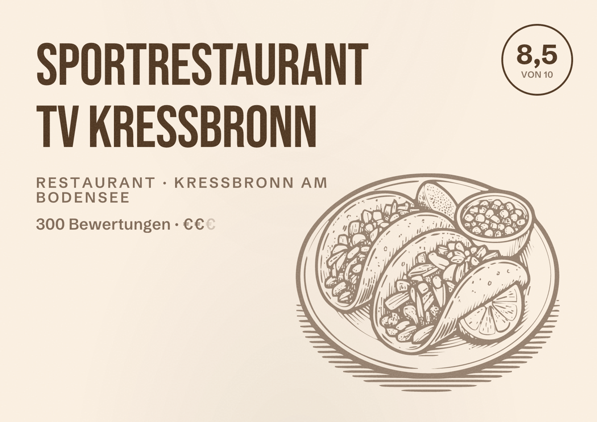 Illustriertes Poster von Sportrestaurant TV Kressbronn, Restaurant in Kressbronn am Bodensee: Bewertung 8,5 von 10 aus 300 Bewertungen, Preisniveau €€