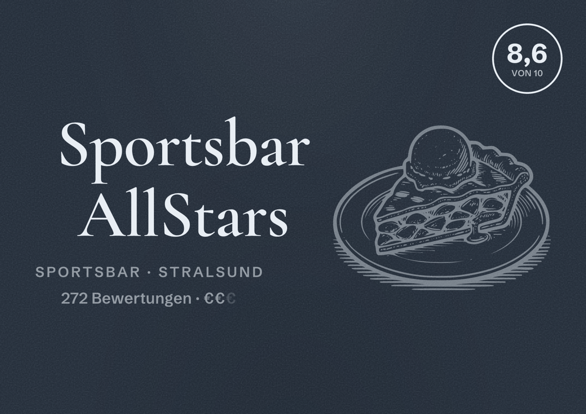 Illustriertes Poster von Sportsbar AllStars, Sportsbar in Stralsund: Bewertung 8,6 von 10 aus 272 Bewertungen, Preisniveau €€
