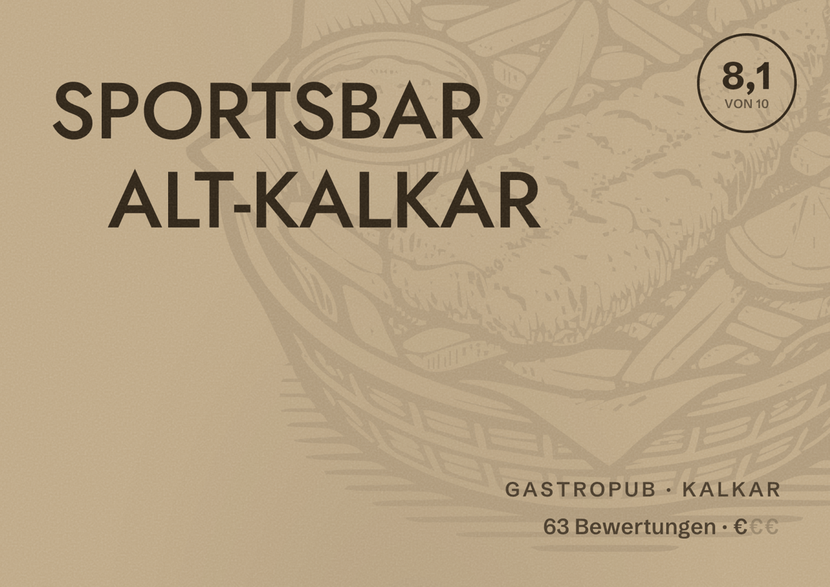 Illustriertes Poster von SPORTSBAR ALT-KALKAR, Gastropub in Kalkar: Bewertung 8,1 von 10 aus 63 Bewertungen, Preisniveau €