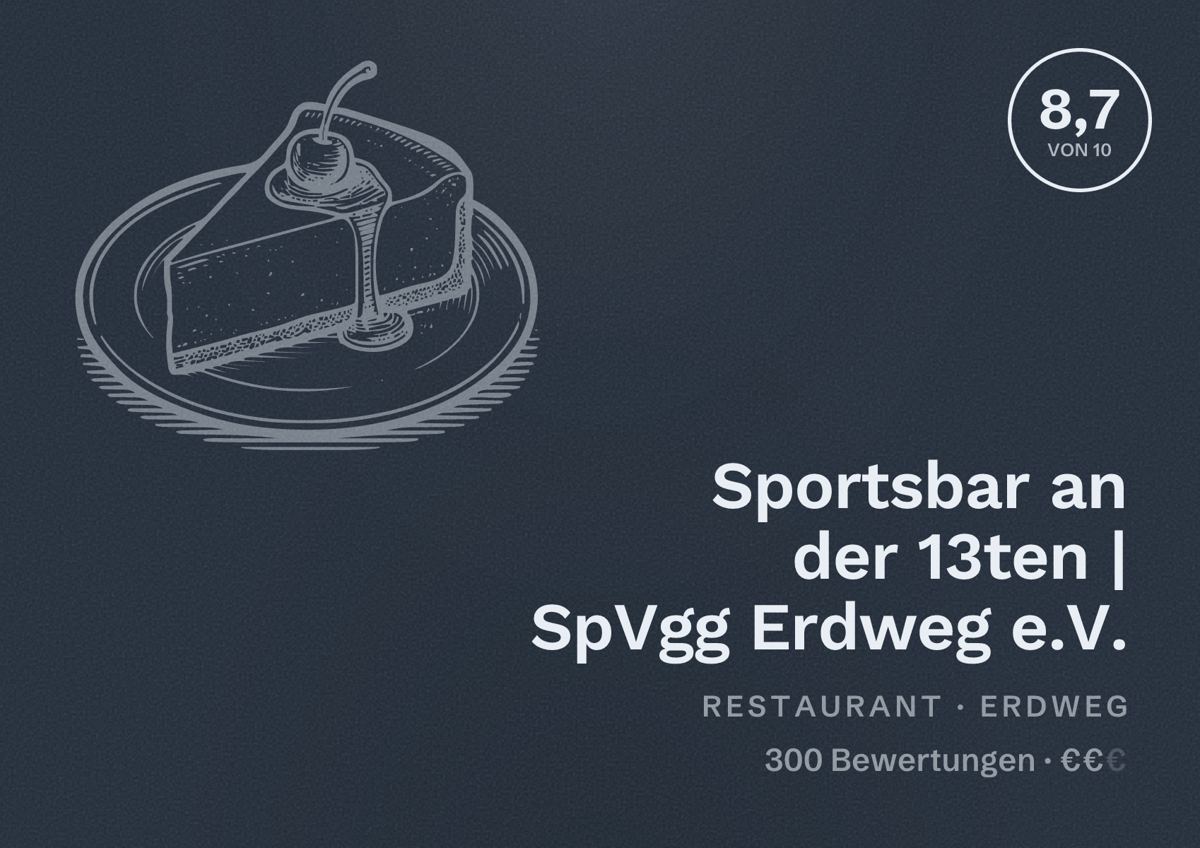 Illustriertes Poster von Sportsbar an der 13ten | SpVgg Erdweg e.V., Restaurant in Erdweg: Bewertung 8,7 von 10 aus 300 Bewertungen, Preisniveau €€