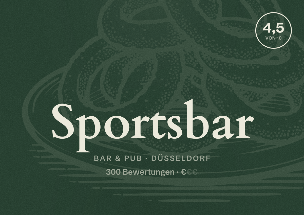 Illustriertes Poster von Sportsbar, Bar & Pub in Düsseldorf: Bewertung 4,5 von 10 aus 300 Bewertungen, Preisniveau €