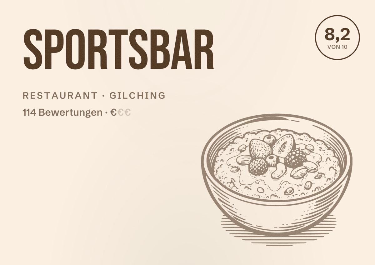Illustriertes Poster von Sportsbar, Restaurant in Gilching: Bewertung 8,2 von 10 aus 114 Bewertungen, Preisniveau €