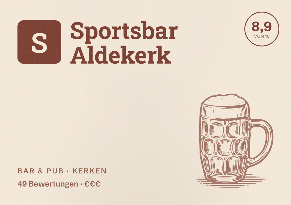 Illustriertes Poster von Sportsbar Aldekerk, Bar & Pub in Kerken: Bewertung 8,9 von 10 aus 49 Bewertungen, Preisniveau €€€