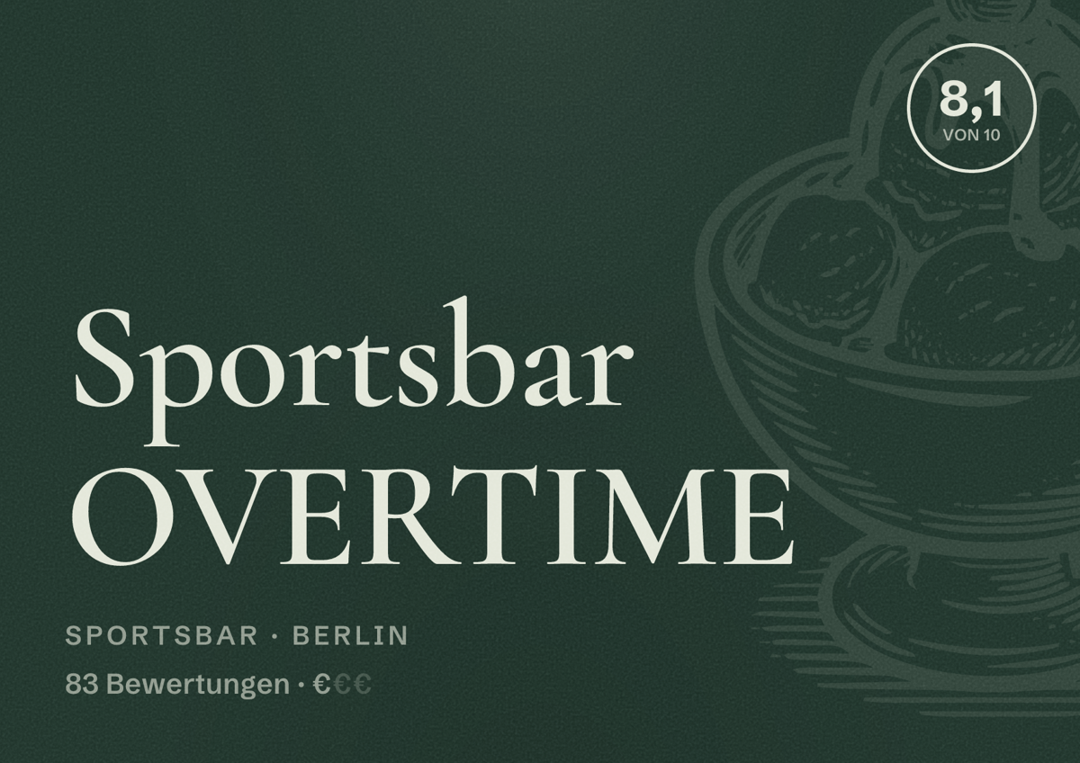 Illustriertes Poster von Sportsbar OVERTIME, Sportsbar in Berlin: Bewertung 8,1 von 10 aus 83 Bewertungen, Preisniveau €