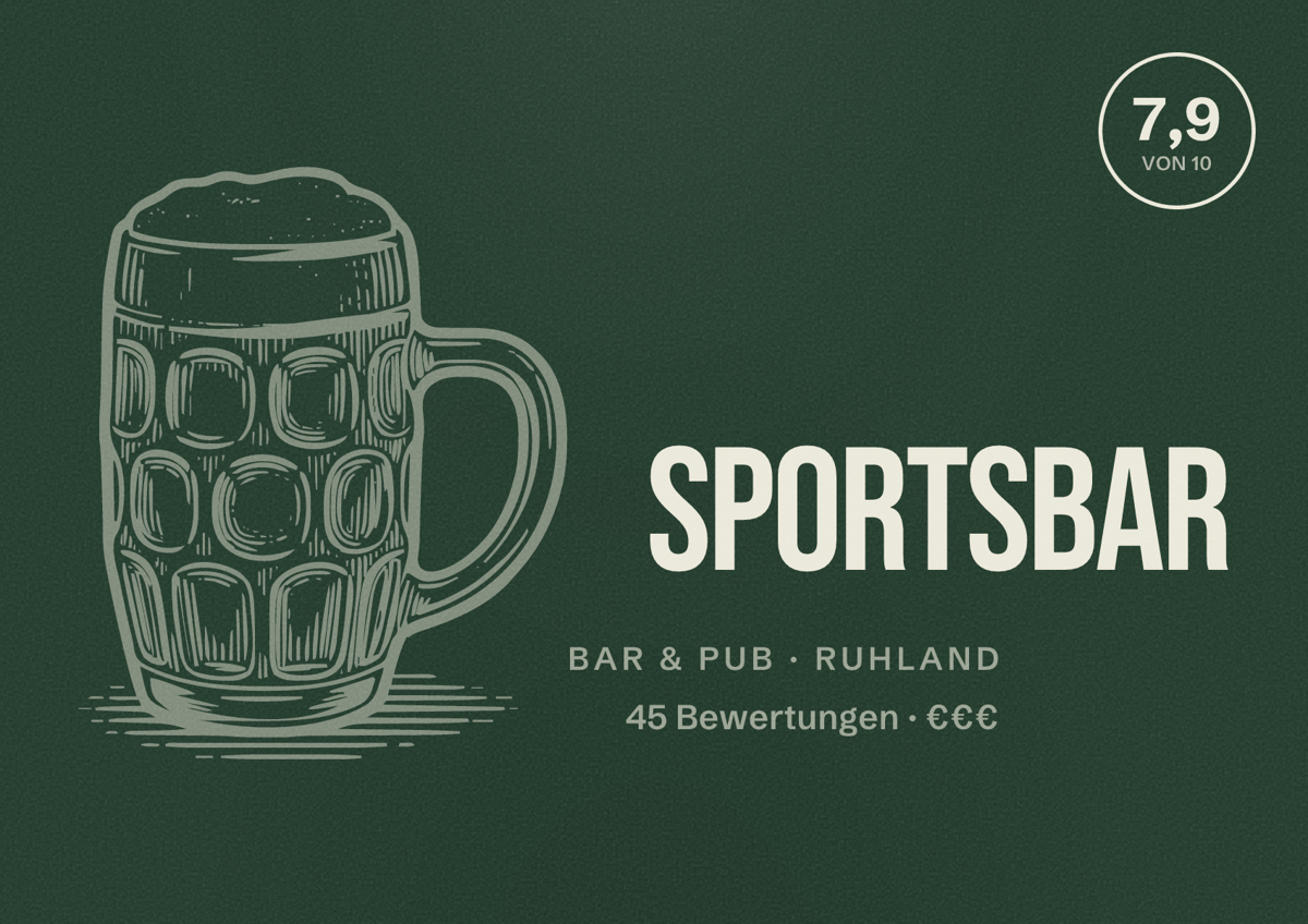 Illustriertes Poster von Sportsbar, Bar & Pub in Ruhland: Bewertung 7,9 von 10 aus 45 Bewertungen, Preisniveau €€€