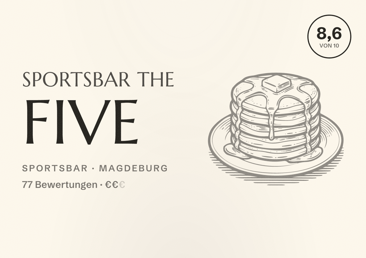 Illustriertes Poster von Sportsbar The Five, Sportsbar in Magdeburg: Bewertung 8,6 von 10 aus 77 Bewertungen, Preisniveau €€