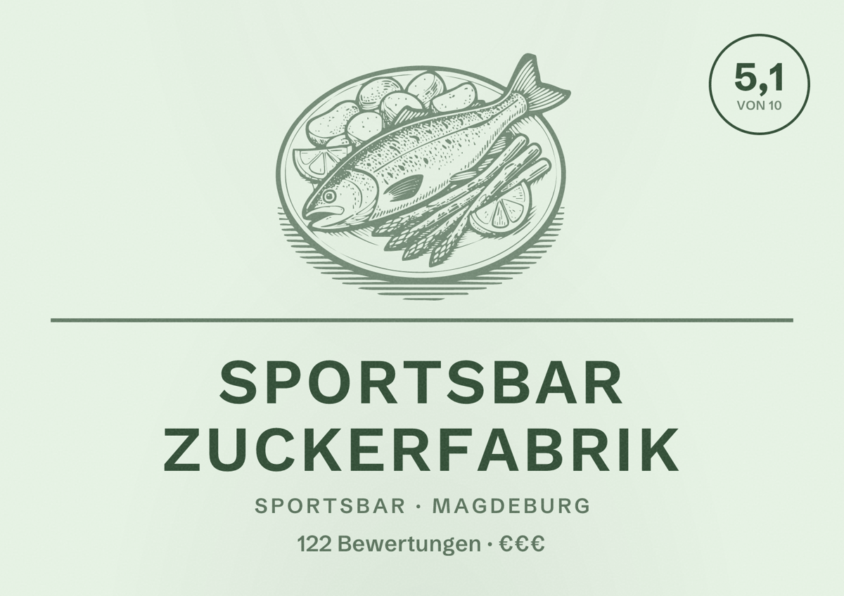 Illustriertes Poster von Sportsbar Zuckerfabrik, Sportsbar in Magdeburg: Bewertung 5,1 von 10 aus 122 Bewertungen, Preisniveau €€€
