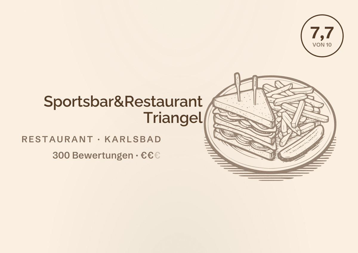 Illustriertes Poster von Sportsbar&Restaurant Triangel, Restaurant in Karlsbad: Bewertung 7,7 von 10 aus 300 Bewertungen, Preisniveau €€