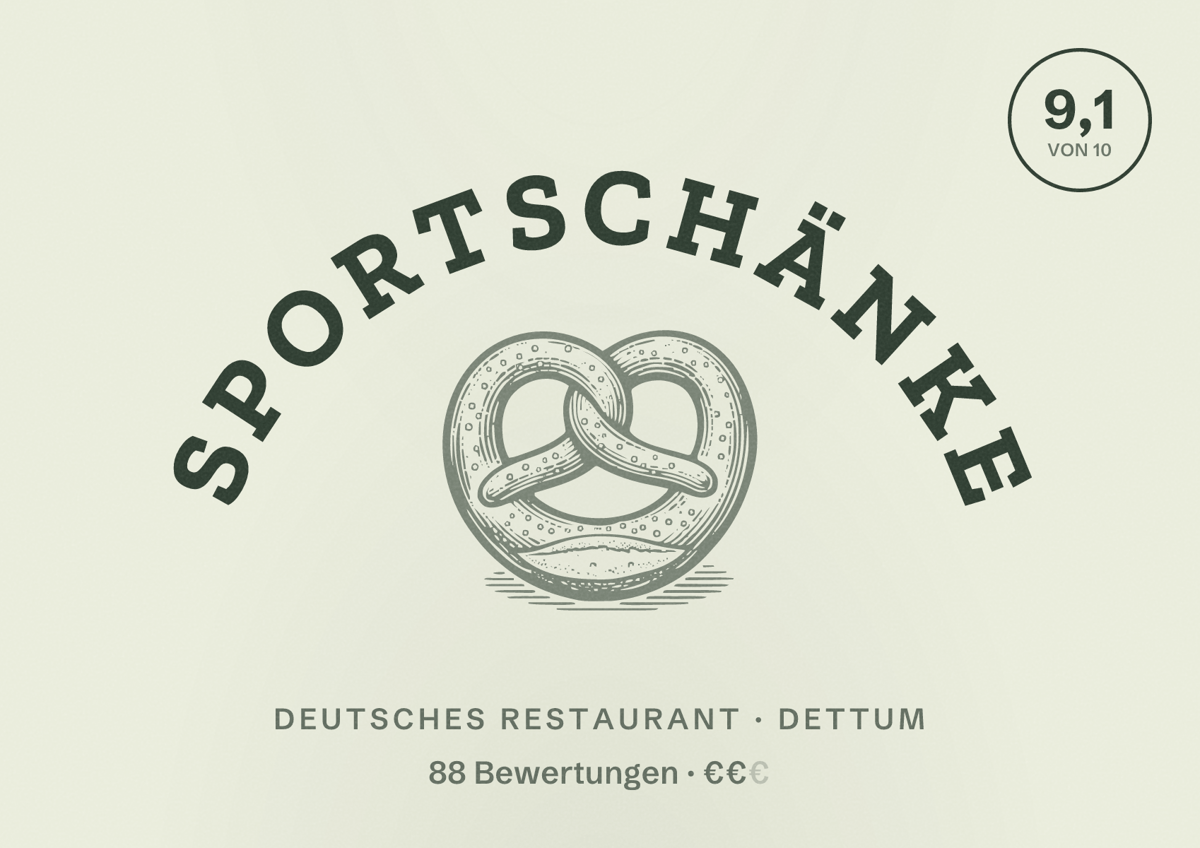 Illustriertes Poster von Sportschänke, Deutsches Restaurant in Dettum: Bewertung 9,1 von 10 aus 88 Bewertungen, Preisniveau €€