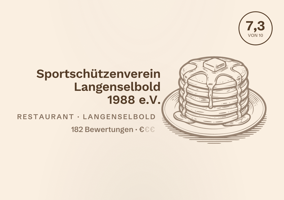 Illustriertes Poster von Sportschützenverein Langenselbold 1988 e.V., Restaurant in Langenselbold: Bewertung 7,3 von 10 aus 182 Bewertungen, Preisniveau €