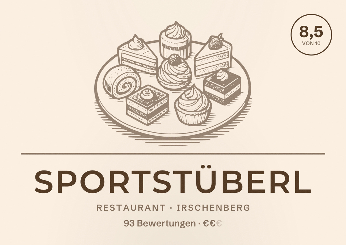 Illustriertes Poster von Sportstüberl, Restaurant in Irschenberg: Bewertung 8,5 von 10 aus 93 Bewertungen, Preisniveau €€